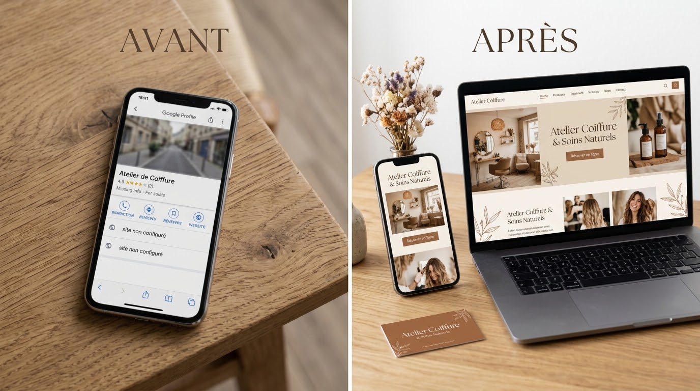 À gauche, avant : un téléphone affiche une fiche de recherche sans site web. À droite, après : un site complet sur un ordinateur portable et sur un téléphone.